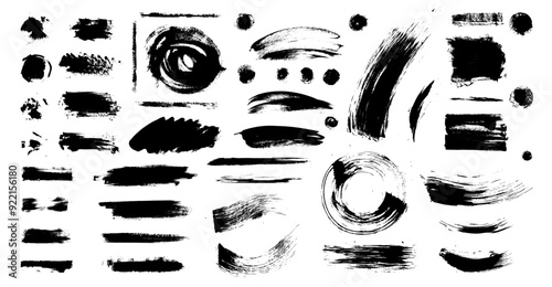 Grungy grainy vector brush strokes. Set of punk paint brushstrokes, grunge text boxes, lines, splashes, dabs and daubs. Abstract artistic lines, circles, scribbles and scratches. Messy design elements