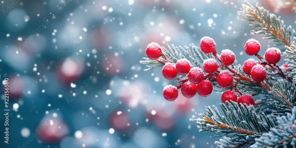 Frost-Covered Red Berries and Leaves in a Snowy Winter Scene with Gentle Snowfall Frost-Covered Red Berries and Leaves in a Snowy Winter Scene with Gentle Snowfall