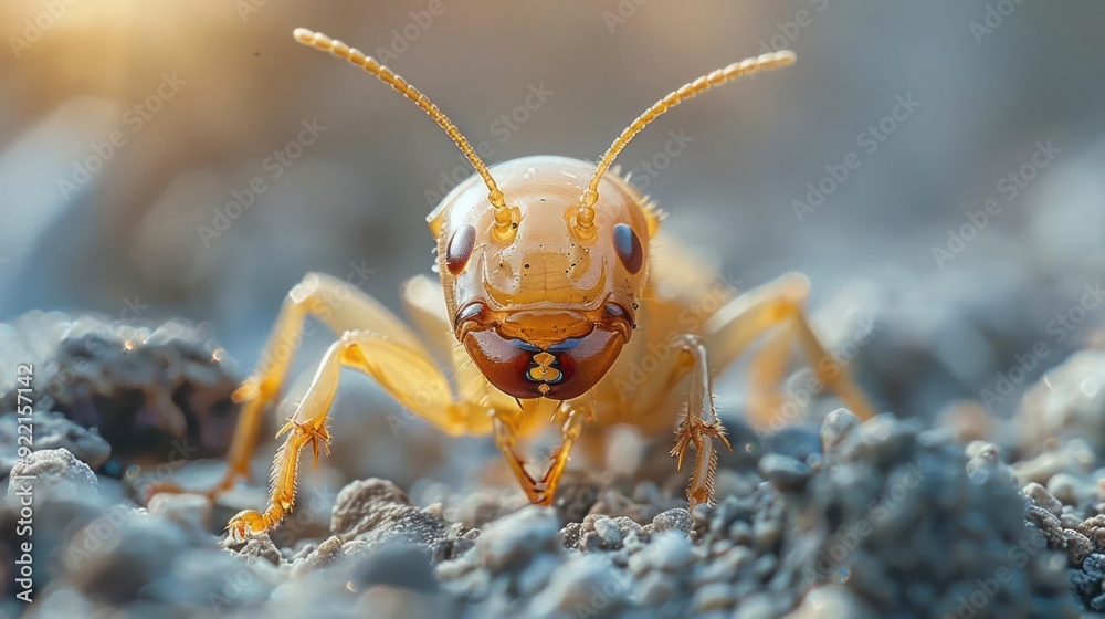 Close-up of two yellow ants on a soil surface, one peeking out from underneath the other. Close-up of two yellow ants on a soil surface, one peeking out from underneath the other.