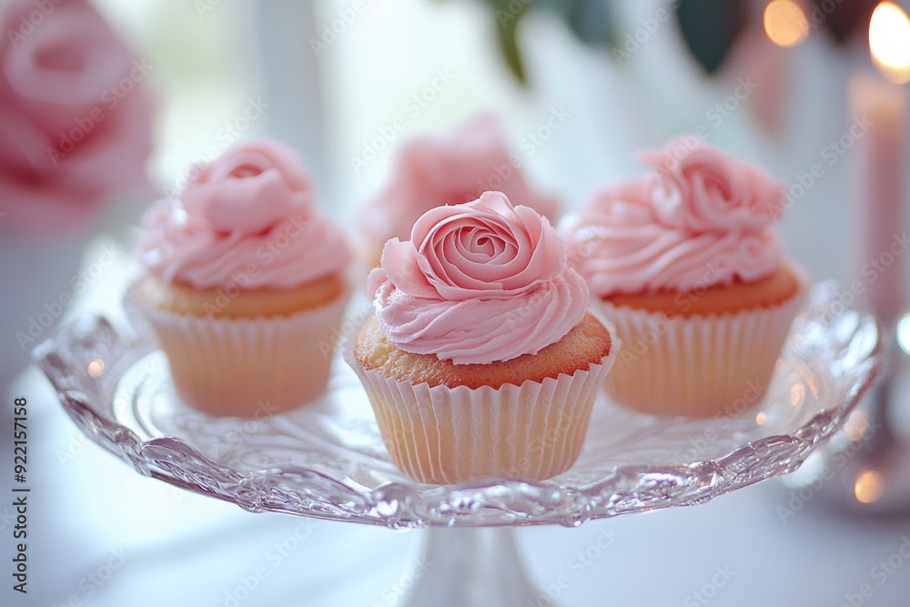 Delicate pink rose cupcakes on elegant glass stand