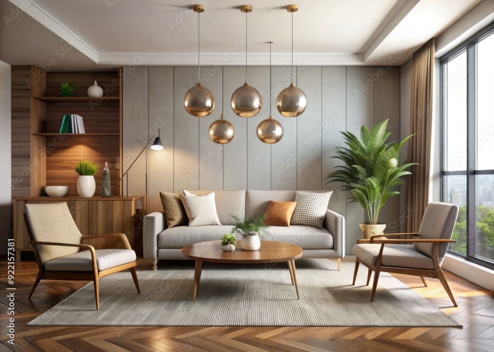 Fototapeta premium Mid-Century Modern Minimalism: Clean lines, sleek silhouette, neutral palette, geometric shapes, metallic accents