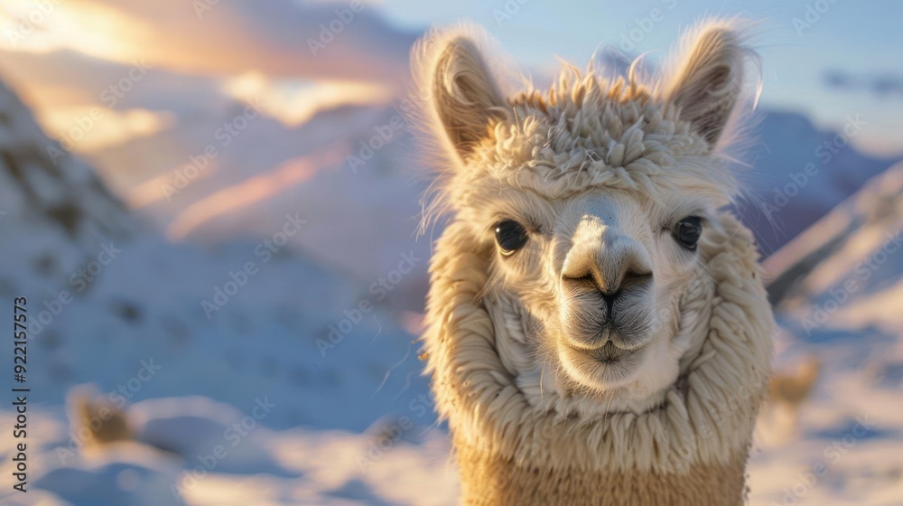 Obraz premium A cute alpaca standing in the snow, looking at the camera.