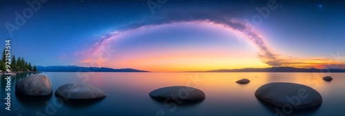 Panoramic Photo of Lake Tahoe, Boulders on Shore, Sunset with Blue Sky and Orange/Purple Clouds, Starry Night, Milky Way