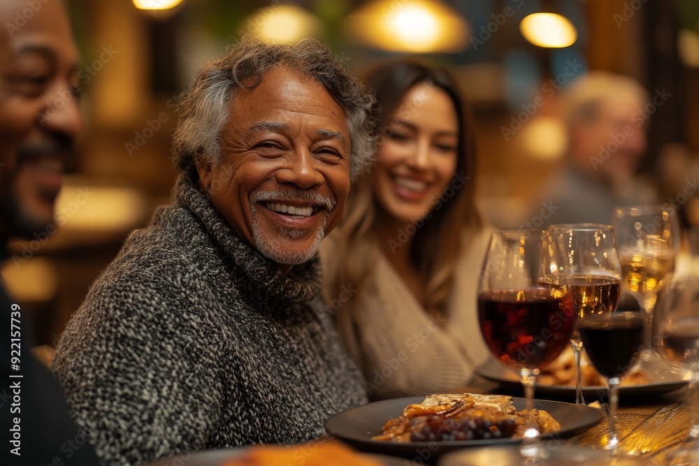 Family gathered around a table for dinner, smiling and laughing Family gathered around a table for dinner, smiling and laughing