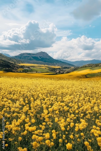 A field of yellow flowers with a blue sky in the background