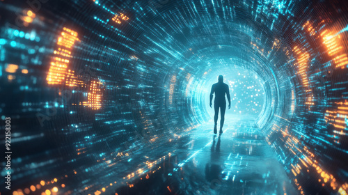 Silhouette of a person walking through a futuristic tunnel filled with bright blue lights, representing a journey into the digital world or cyberspace concept