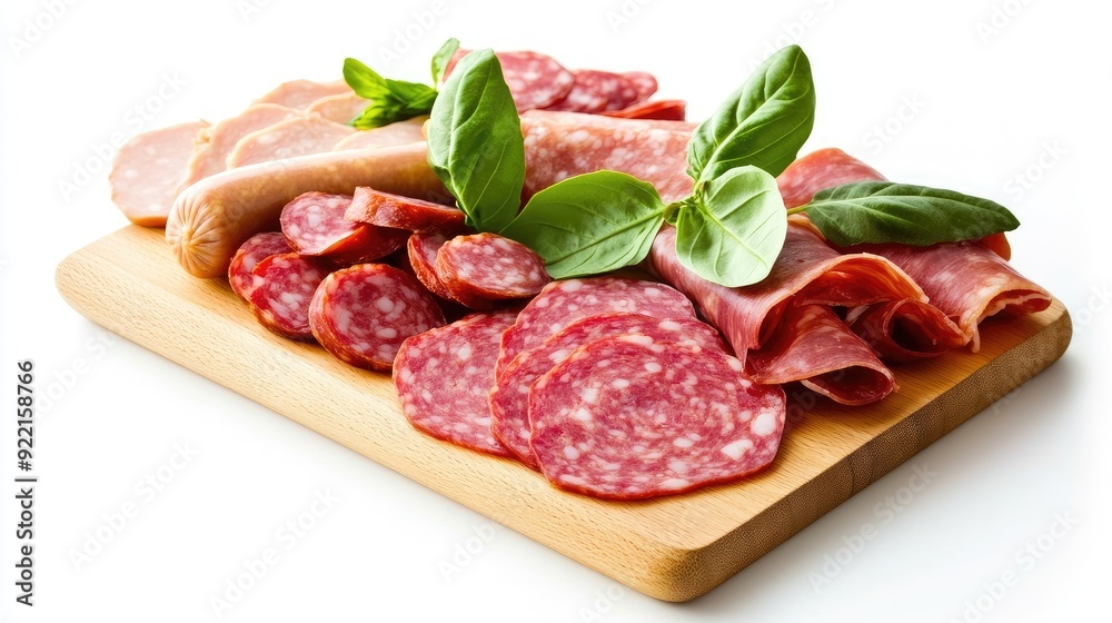 A vibrant display of assorted sausage, ham, and fresh salad arranged neatly on a wooden board, emphasizing colors and textures A vibrant display of assorted sausage, ham, and fresh salad arranged neatly on a wooden board, emphasizing colors and textures