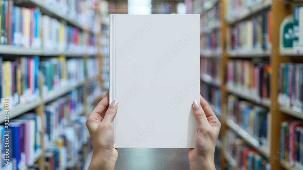 white blank book cover mockup in woman hands on library background white blank book cover mockup in woman hands on library background