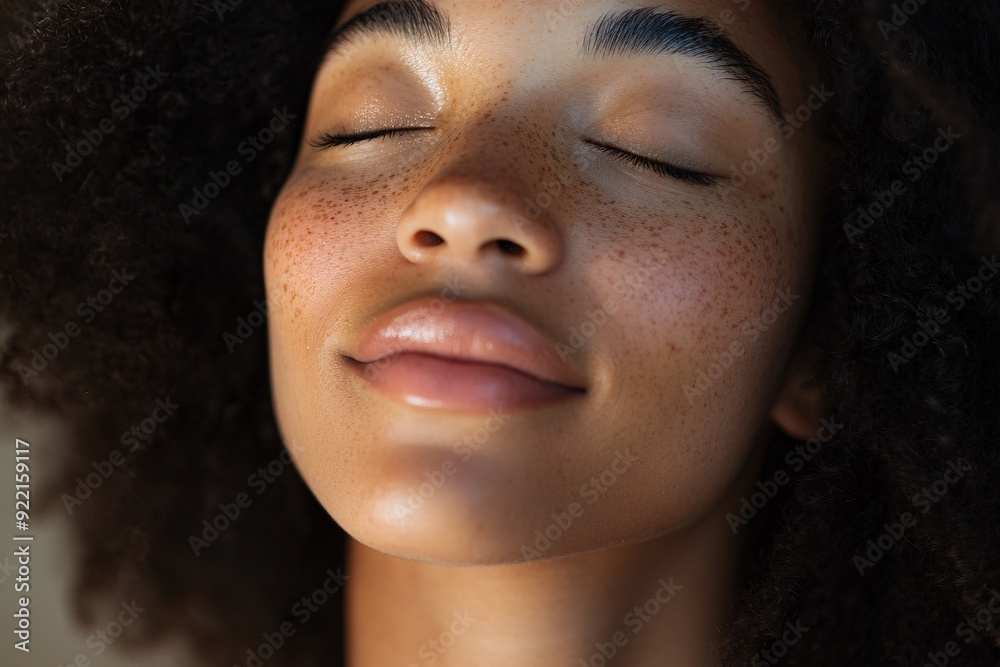 Serene Freckled Woman with Closed Eyes, Natural Beauty and Inner Peace Serene Freckled Woman with Closed Eyes, Natural Beauty and Inner Peace