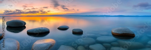 Panoramic Photo of Lake Tahoe, Boulders on Shore, Sunset with Blue Sky and Orange/Purple Clouds, Starry Night, Milky Way