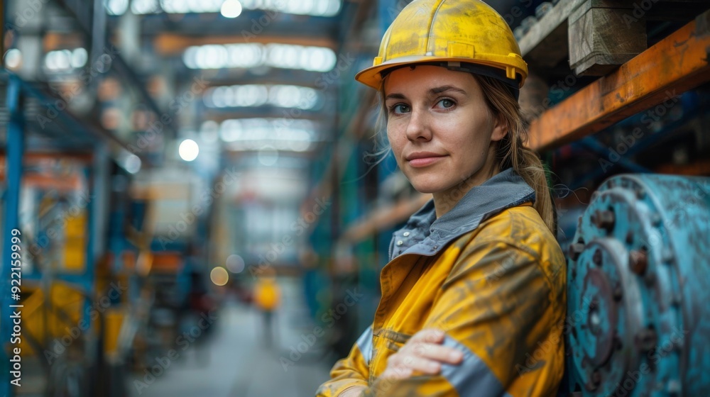 A female worker stands in a workshop against an industrial background. A female worker stands in a workshop against an industrial background.
