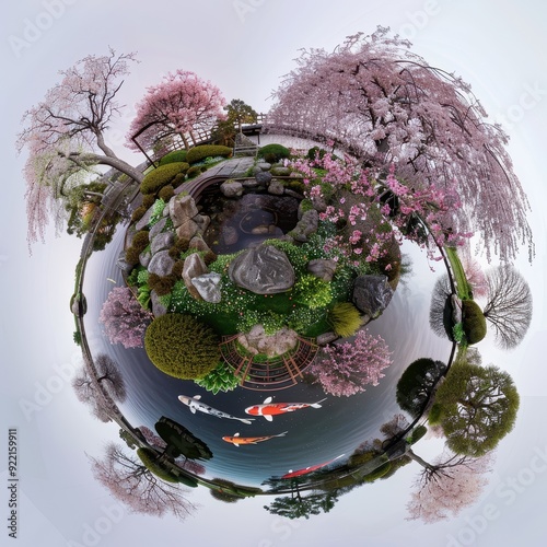 Tranquil Japanese Garden with Cherry Blossoms and Koi Pond in 360-Degree Panoramic View
