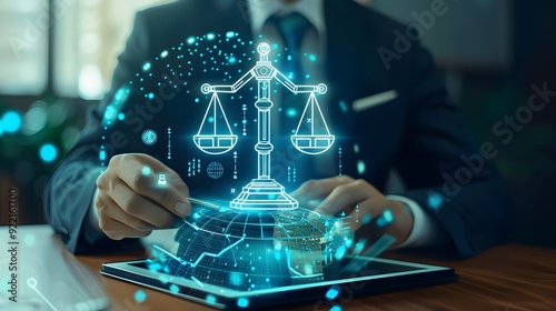 An AI-powered legal assistant analyzing a case with holographic data displays, symbolizing the future of legal services