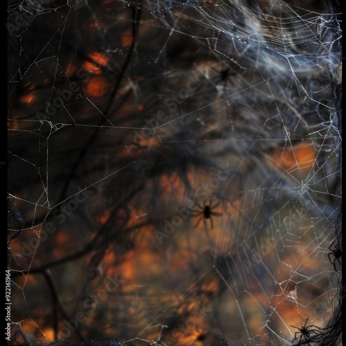 Spooky Orange. Real Spider Webs Frame Halloween Background with Creepy Black Silhouettes photo