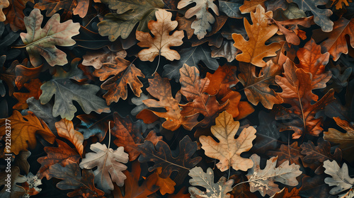 Fototapeta Naklejka Na Ścianę i Meble -  Close up of dry fall leaves texture background in orange, brown and green color tones.