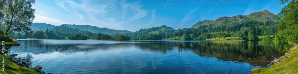 Water District: Wide Lake Panorama with Forest and Mountain Views in Stunning Nature Landscape Water District: Wide Lake Panorama with Forest and Mountain Views in Stunning Nature Landscape