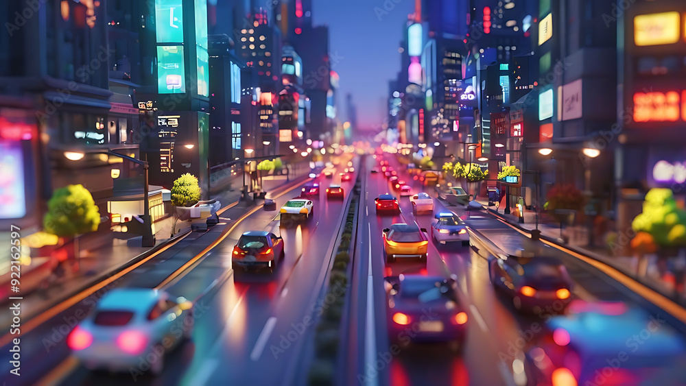 Animated cityscape with moving cars and lights
