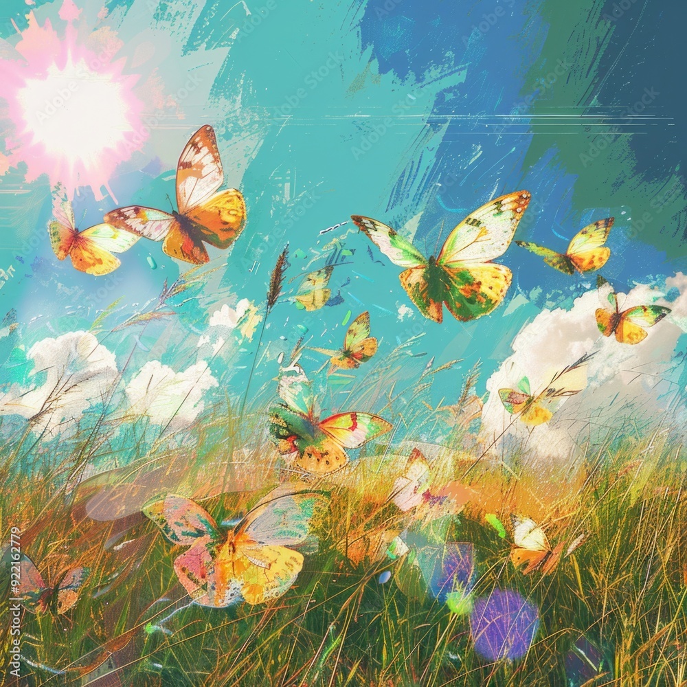 Obraz premium Butterfly Image. Vivid Summer Meadow with Wildflowers and Butterflies Illustration