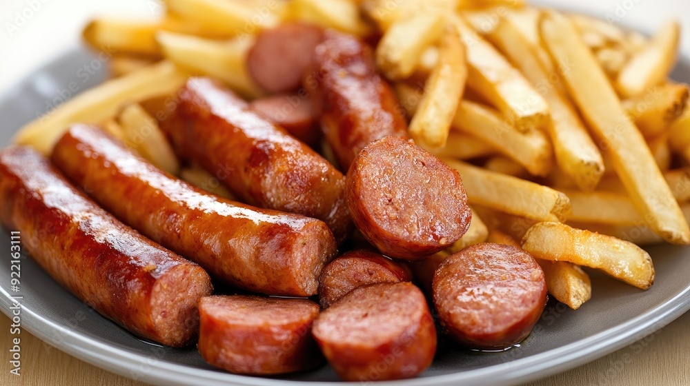 Three sausages are paired with golden fries and a small bowl of ketchup on a sleek plate, highlighting a satisfying meal Three sausages are paired with golden fries and a small bowl of ketchup on a sleek plate, highlighting a satisfying meal