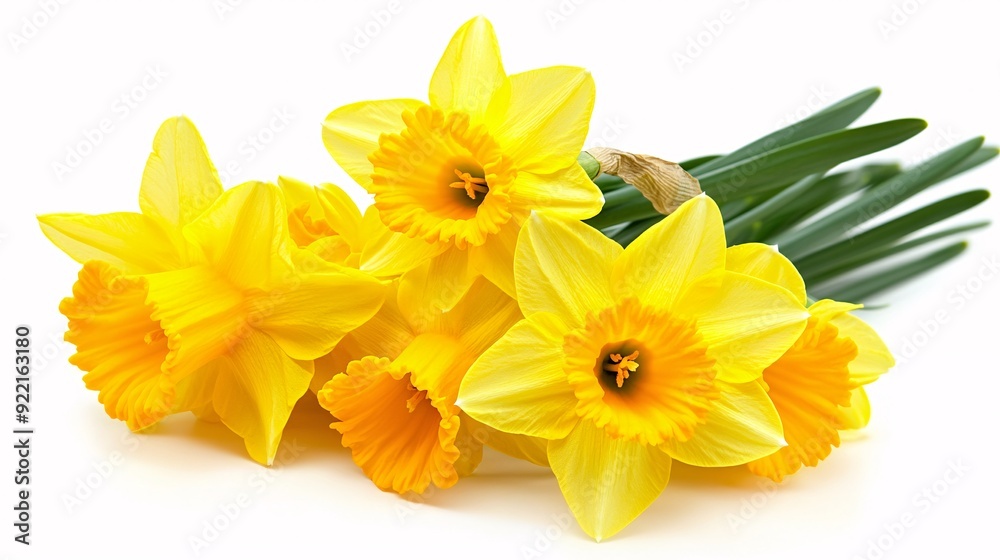 Fototapeta premium A cluster of bright yellow daffodils with trumpet-shaped blooms. The petals are smooth and slightly curved, surrounding a darker yellow corona in the center. The green stems and leaves are slender