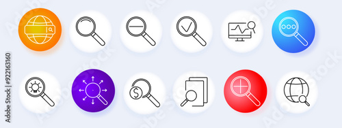 Search magnifying glass set icon. Globe, inspection, research, analysis, online, information, zoom, detail, discovery, internet, vector, graphic, icon, exploration.