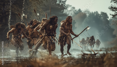 A group of men are running through a forest, some of them holding weapons