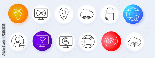 Wi-Fi internet set icon. Signal, computer, cloud, security, global, user, streaming, connection, network, online, vector, graphic, icon.