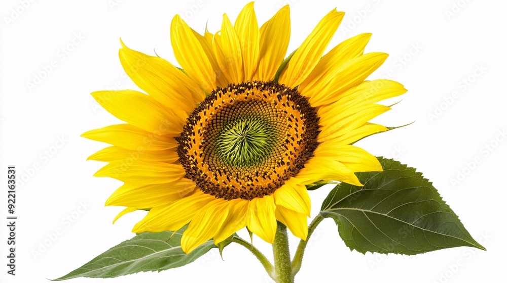 Obraz premium A single sunflower with vibrant yellow petals and a large, textured center filled with seeds. The petals radiate from the center, creating a striking contrast with the dark brown core. The green stem