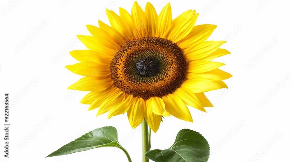 Obraz premium A single sunflower with vibrant yellow petals and a large, textured center filled with seeds. The petals radiate from the center, creating a striking contrast with the dark brown core. The green stem