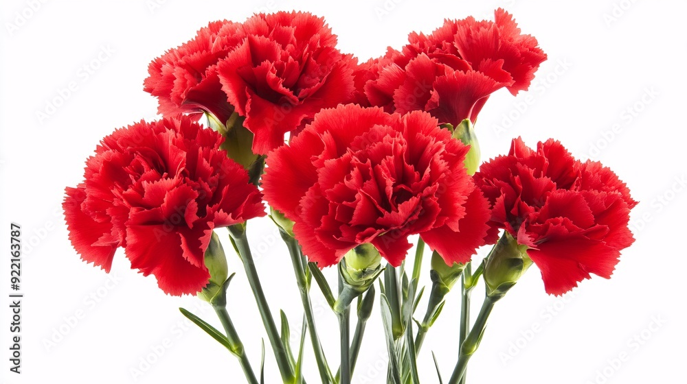Obraz premium A cluster of bright red carnations with ruffled petals forming densely packed blooms. The petals have a soft, velvety texture, with the edges slightly curled. The green stems are slender and upright,