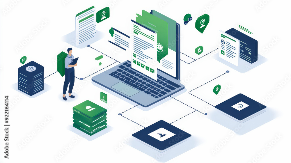 e-documents : Showcasing a person using technology for data management, connected to various digital documents and devices through a central laptop, representing efficient information organization. e-documents : Showcasing a person using technology for data management, connected to various digital documents and devices through a central laptop, representing efficient information organization.