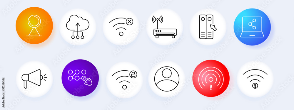 Communication network set icon. Router, cloud, Wi-Fi, user, megaphone, settings, laptop, vector, graphic, technology, connection. Communication network set icon. Router, cloud, Wi-Fi, user, megaphone, settings, laptop, vector, graphic, technology, connection.