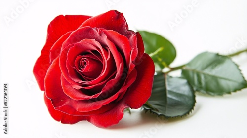 A vibrant red rose with velvety petals arranged in a classic spiral pattern. The petals are deep red with a slight sheen, creating a rich, luxurious appearance. The green stem is thick and sturdy,