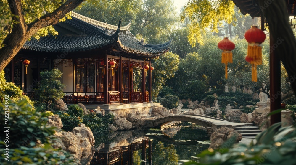Serene Chinese Garden with Red Lanterns and Stone Bridge Serene Chinese Garden with Red Lanterns and Stone Bridge