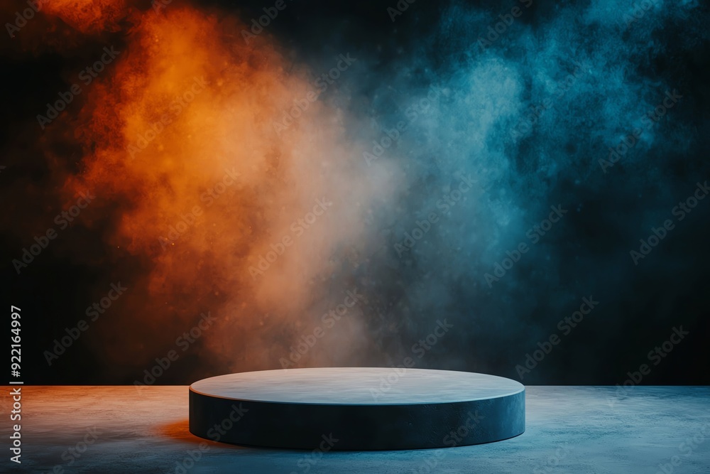 A circular podium surrounded by dramatic colored smoke, perfect for presentations or artistic displays. A circular podium surrounded by dramatic colored smoke, perfect for presentations or artistic displays.