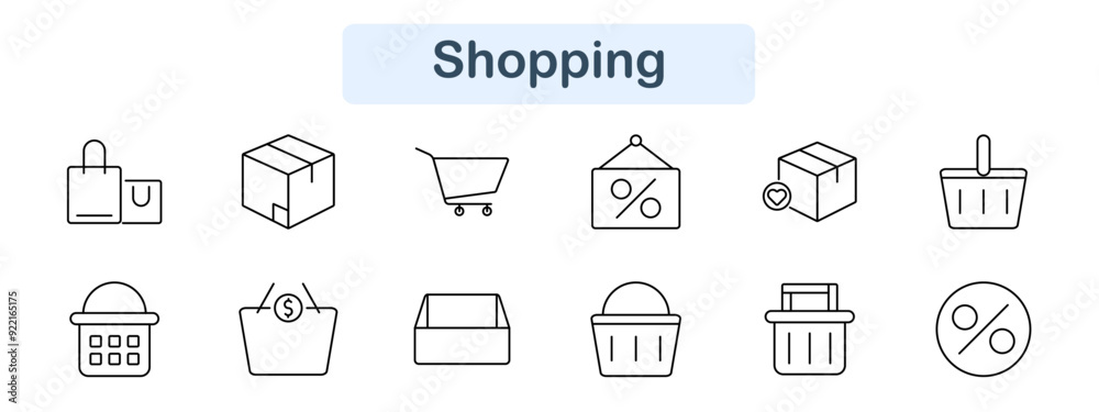 Shopping set icon. Bag, box, cart, discount, sale, basket, money, price, shop, retail, commerce, market, store, product, purchase, online, order, payment, transaction, package. Shopping set icon. Bag, box, cart, discount, sale, basket, money, price, shop, retail, commerce, market, store, product, purchase, online, order, payment, transaction, package.