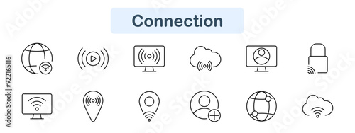 Connection set icon. Globe, wifi, monitor, cloud, profile, lock, stream, network, location, connect, broadcast, online, internet, digital, wireless, tech, data, access, multimedia, signal.