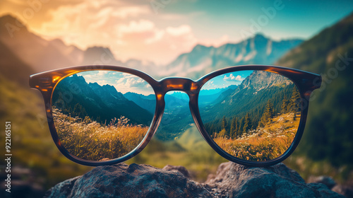 pair of glasses reflecting stunning mountain landscape at sunset.