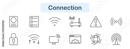Connection set icon. Profile, list, wifi, router, warning, signal, lock, upload, download, monitor, internet, wireless, tech, online, digital, network, access, communication, alert, data.