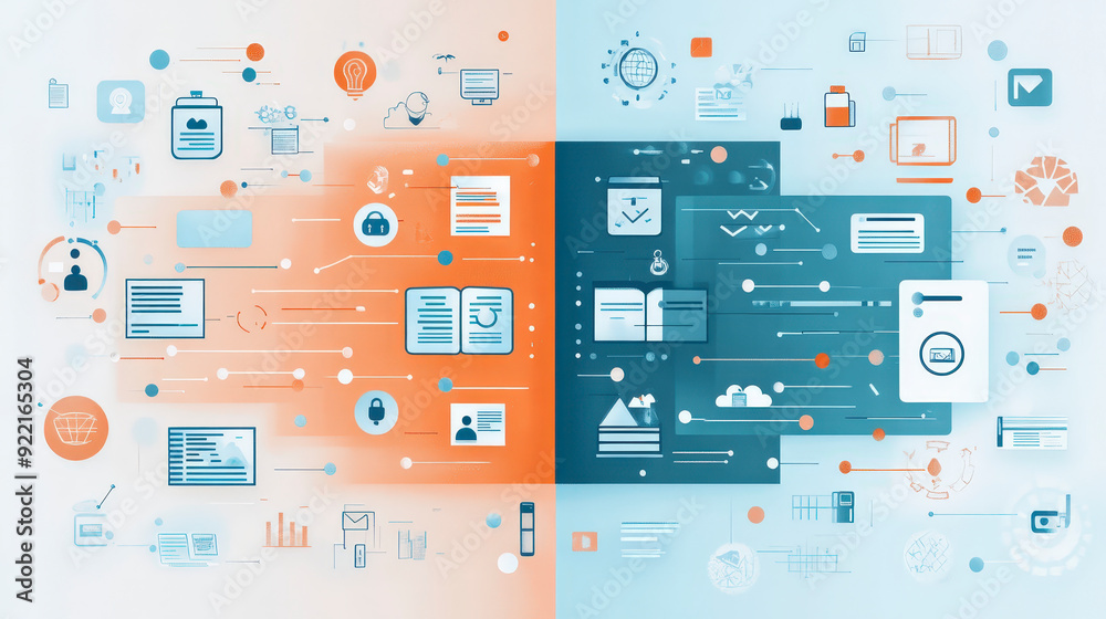 A conceptual illustration depicting data organization and workflow, divided into two contrasting sections representing distinct processes through a network of interconnected icons and symbols. A conceptual illustration depicting data organization and workflow, divided into two contrasting sections representing distinct processes through a network of interconnected icons and symbols.
