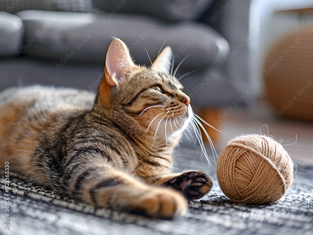 Obraz premium Tabby cat lounging beside a ball of yarn in a cozy living room setting during daylight