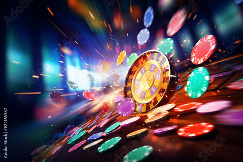 Flying casino chips in camera with rays of light on a colorful background