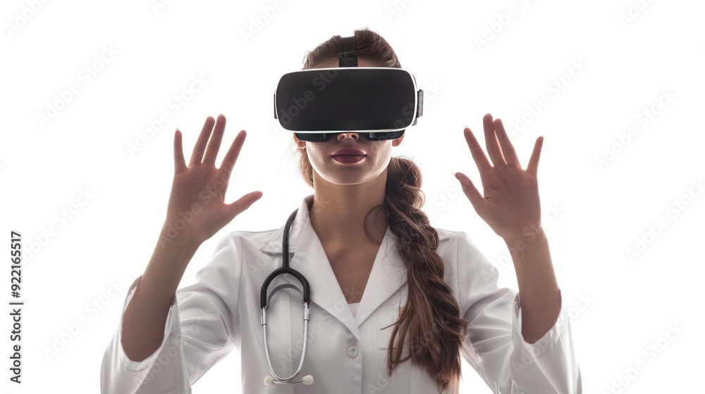 A woman in a white lab coat with a stethoscope, using a virtual reality headset, appearing to interact with a digital environment or simulation. A woman in a white lab coat with a stethoscope, using a virtual reality headset, appearing to interact with a digital environment or simulation.
