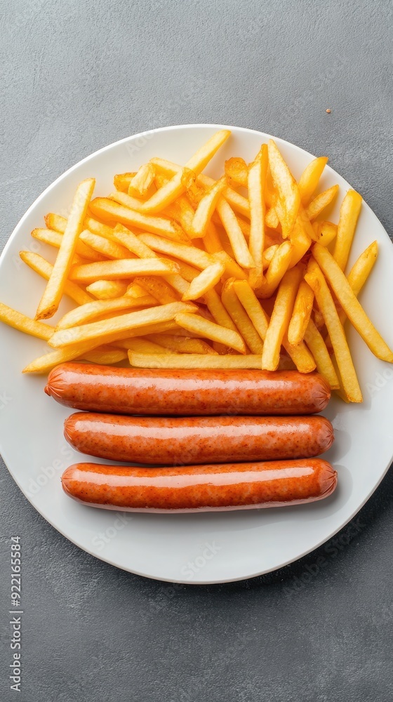 Three sausages are paired with golden fries and a small bowl of ketchup on a sleek plate, highlighting a satisfying meal Three sausages are paired with golden fries and a small bowl of ketchup on a sleek plate, highlighting a satisfying meal
