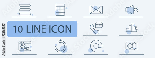 Sound off, envelope, phone call, settings, data chart, browser, analytics, sync, multimedia, communication, interface, notification, interaction, digital, online.