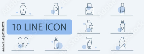 Shampoo bottle, body lotion, nail polish, mouthwash with tooth, tooth icon, serum dropper, liquid soap, toothpaste tube, skin cream, deodorant stick