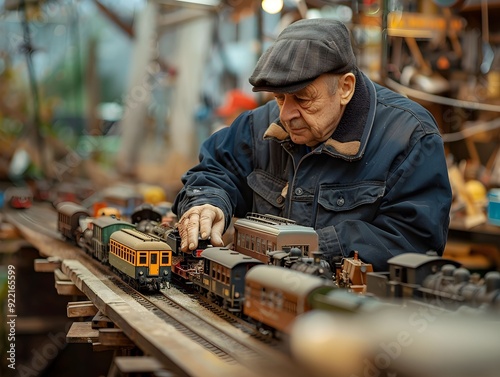 An elderly man carefully adjusts a model train in a workshop filled with intricate details during the afternoon photo