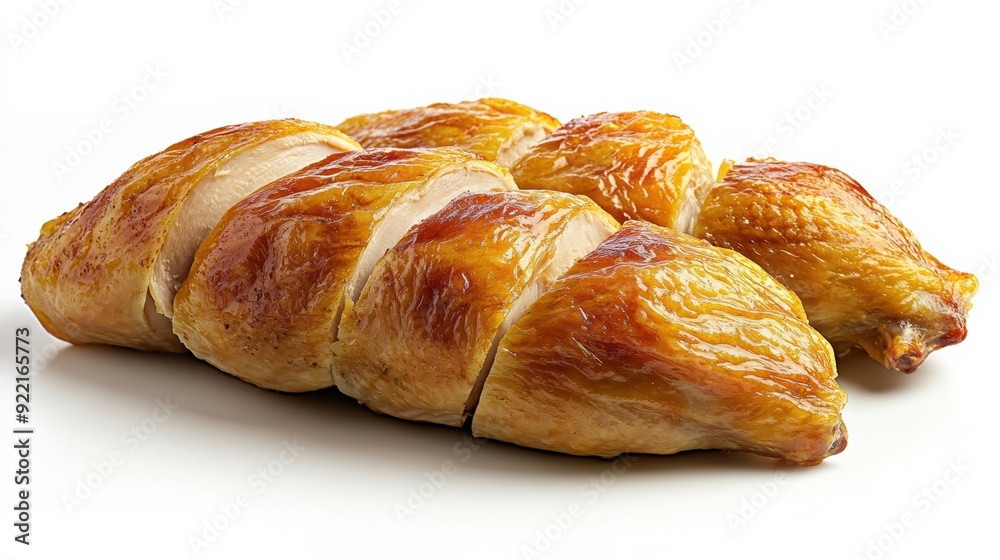 An isolated roast chicken, golden and crisp, ready to be served on a white background An isolated roast chicken, golden and crisp, ready to be served on a white background