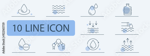 Droplet, waves, large water bottle, flow of water, hydrogen molecule, water treatment, recycling, flow direction, filtered water, hydration icon