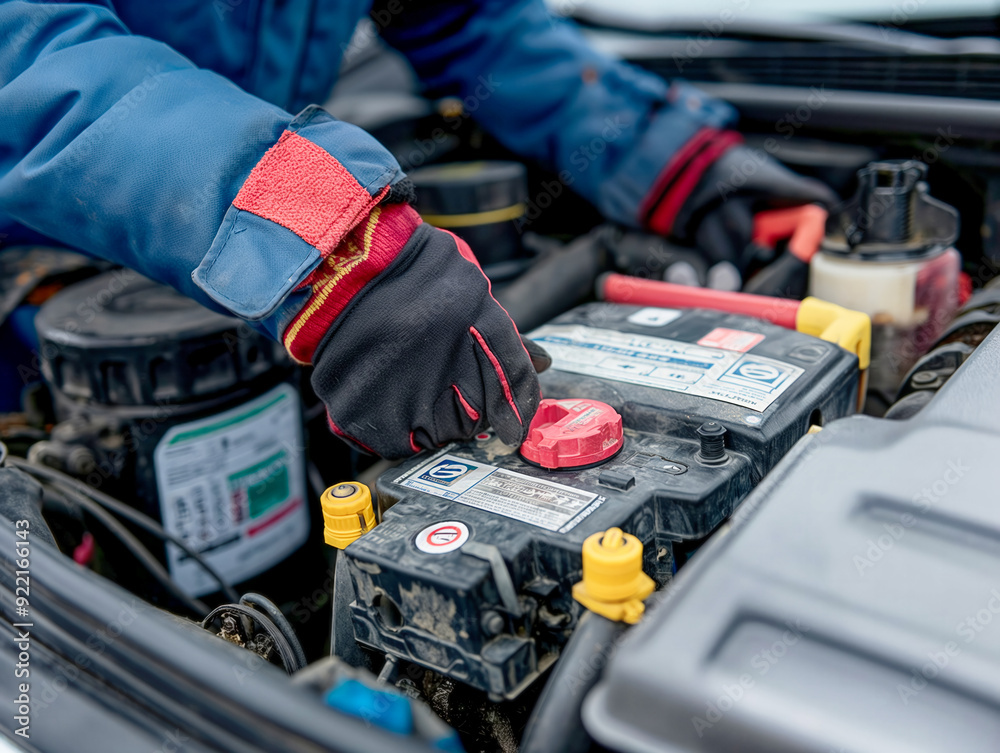 A mechanic is working on a car engine. The mechanic is wearing a blue jacket and red gloves A mechanic is working on a car engine. The mechanic is wearing a blue jacket and red gloves